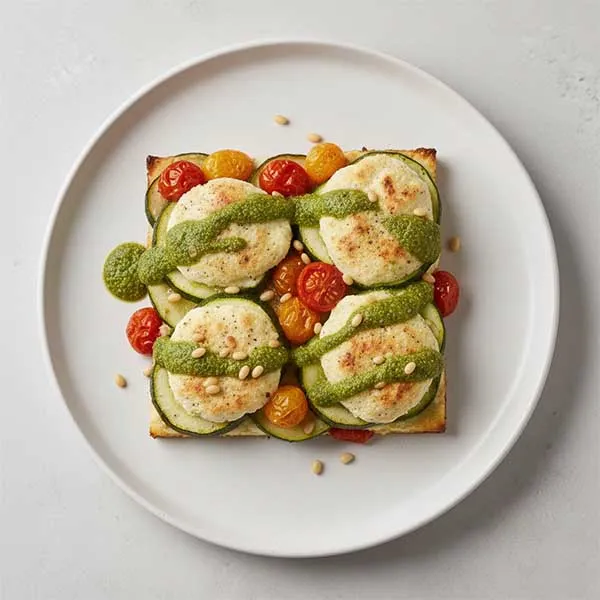 Cottage cheese, Zucchini & Tomato Tray Baked with Basil Pesto Drizzle